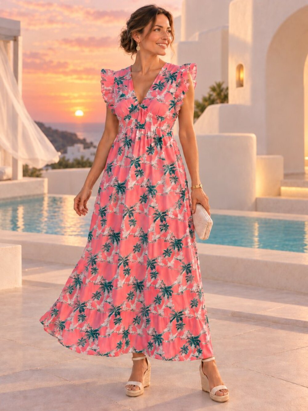 Sail to Sable Pink Green Palm Print Flutter Sleeve Midi Dress XL NWT